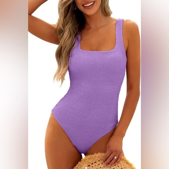 anrabess Other - ANRABESS Womens  Swimsuit Purple Summer Sq Neck -Full Coverage Textured-Medium